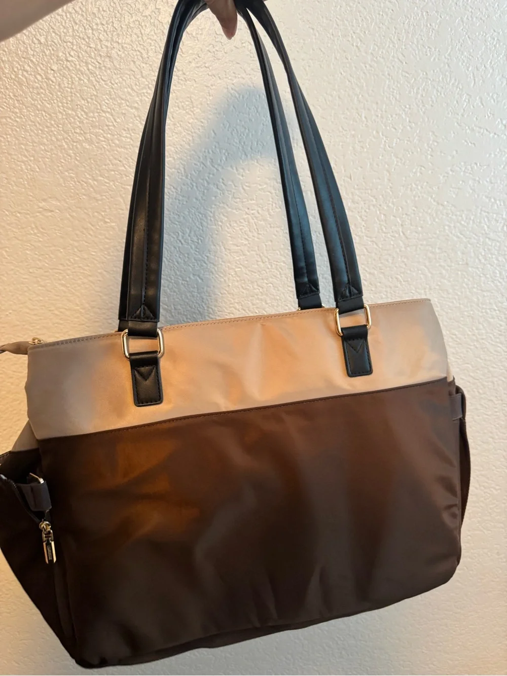 Two-Tone Brown and Beige Tote with Black Handles